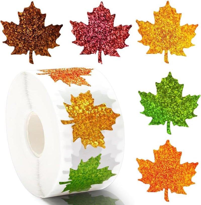 RUPOFUZA 500Pcs Fall Thanksgiving Leaf Stickers 1.5in Maple Leaf Decals 5 Colors Holographic Self Adhesive Label Leaves Stickers Roll for Autumn Party Cards Seal Envelopes Supplies Decor - Image 1